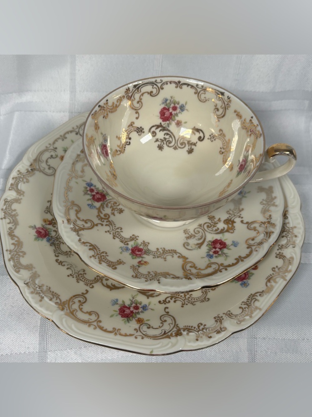Vintage Bavaria Teacup, saucer with dessert plate. Cream Floral Gold-Trim